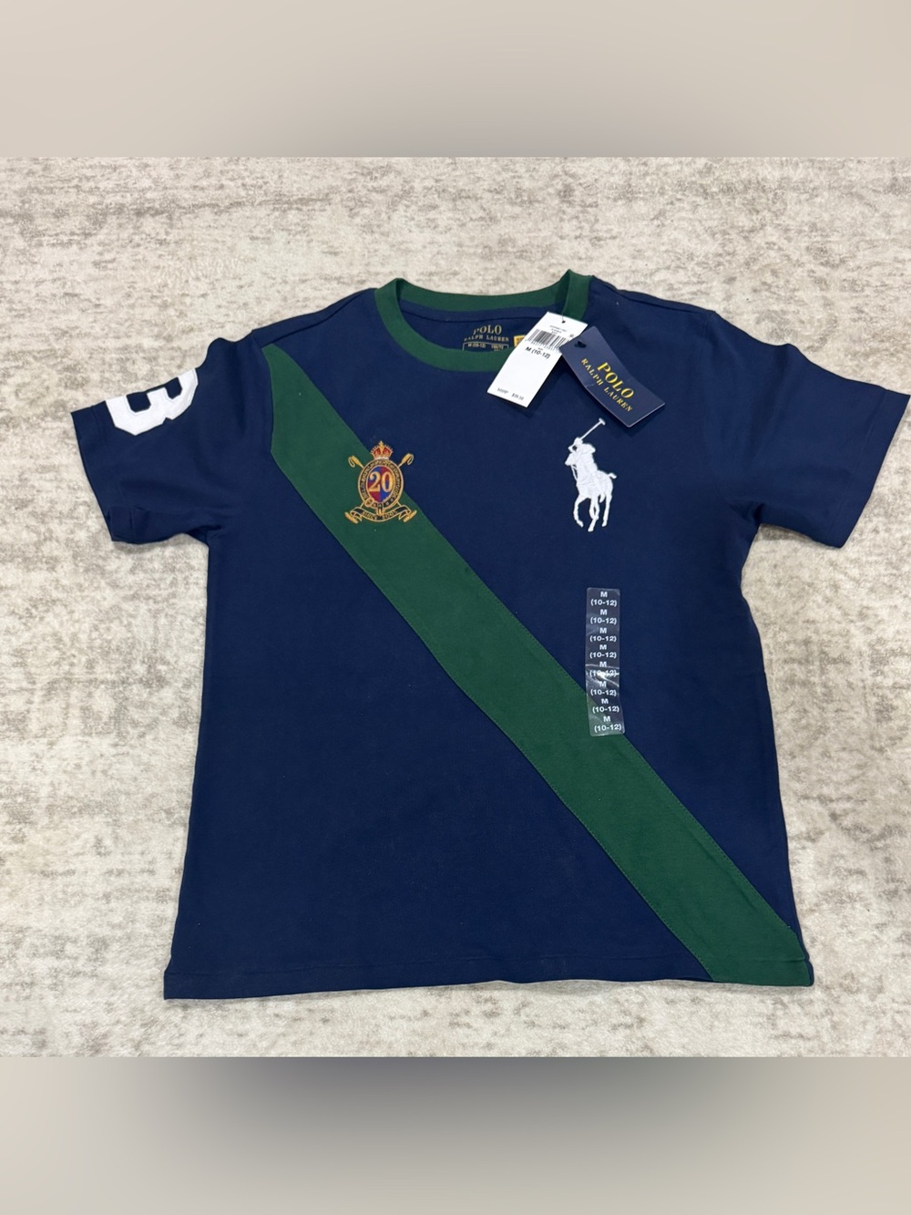 Polo Ralph Lauren Navy Tee with Green Diagonal Stripe Boys 10-12